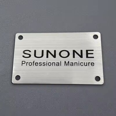 Ultra-thin 3D aluminum logo label for machinery equipment with adhesive backing