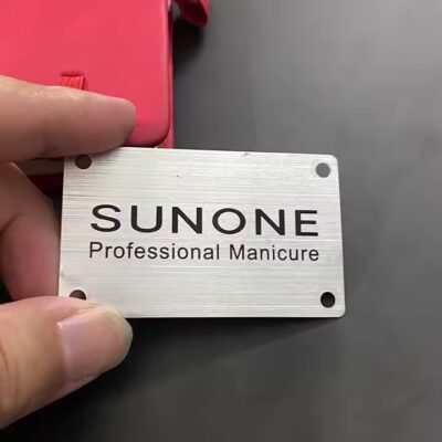 Ultra-thin 3D aluminum logo label for machinery equipment with adhesive backing