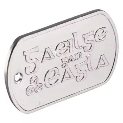 Embossed stainless steel branding label with raised logo design