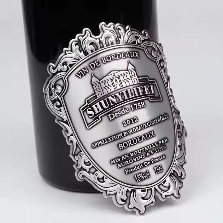 Vintage embossed metal adhesive wine label for glass bottles