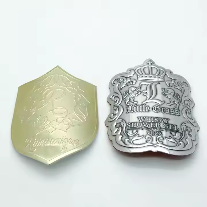 Personalized metal adhesive label on vodka bottle packaging