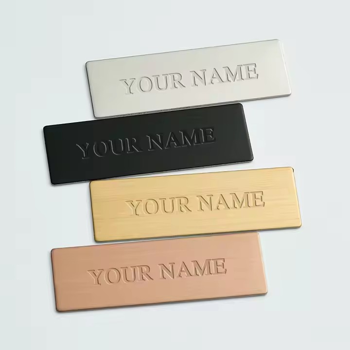 Custom stainless steel employee name badge with engraved logo