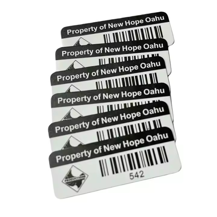 Custom UV printed metal barcode label with 3M adhesive backing