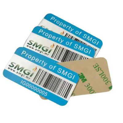 Custom self-adhesive metal asset tag with barcode