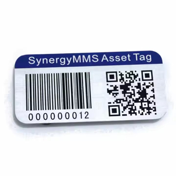 Custom self-adhesive metal asset tag with barcode