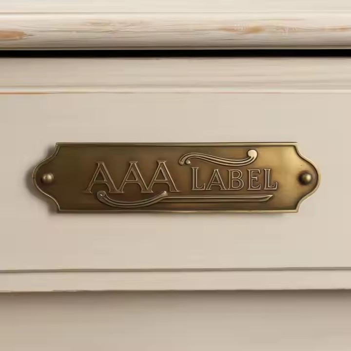 Custom brass label for branding and furniture decoration attached to wooden surface