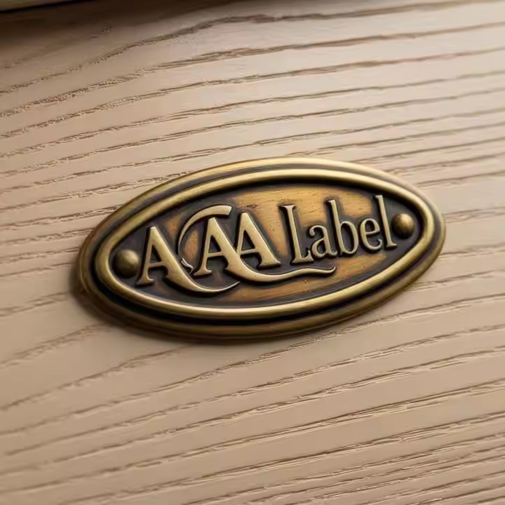 Custom brass label for branding and furniture decoration attached to wooden surface