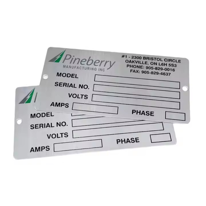 Custom engraved metal nameplate for industrial machinery