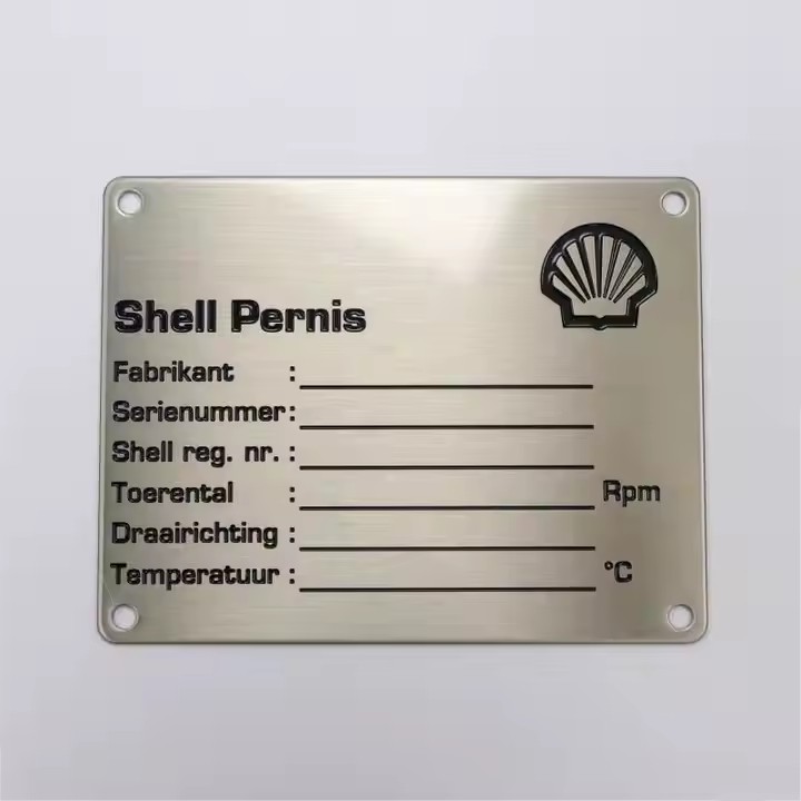 Engraved stainless steel machine tag with industrial logo