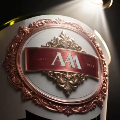 Custom 3D embossed metal label on premium wine bottle