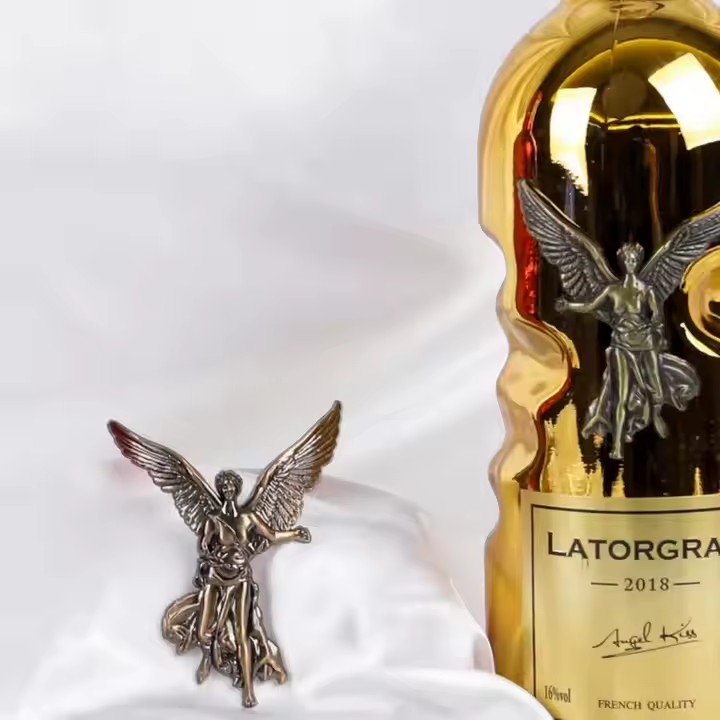 Custom angel wings metal label for brandy liquor bottle