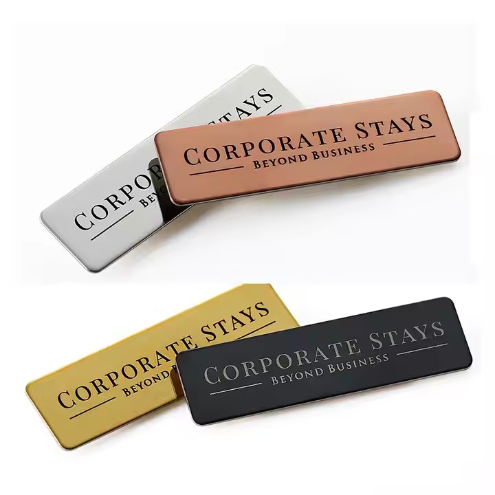 Custom stainless steel business name tag with engraved personal name and title