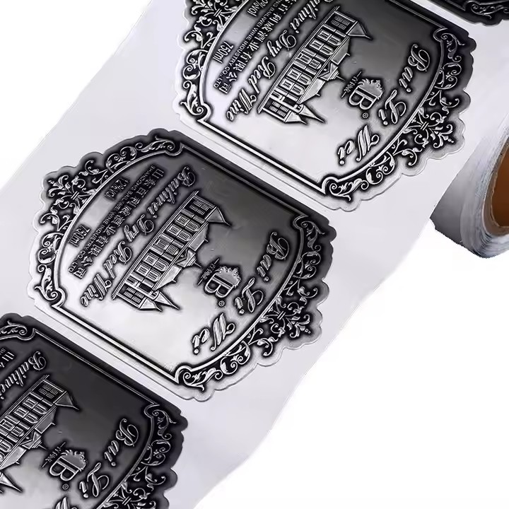 Custom decorative metal adhesive label in unique shape for packaging