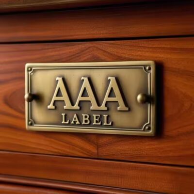 Custom engraved brass furniture decorative label attached to wood surface