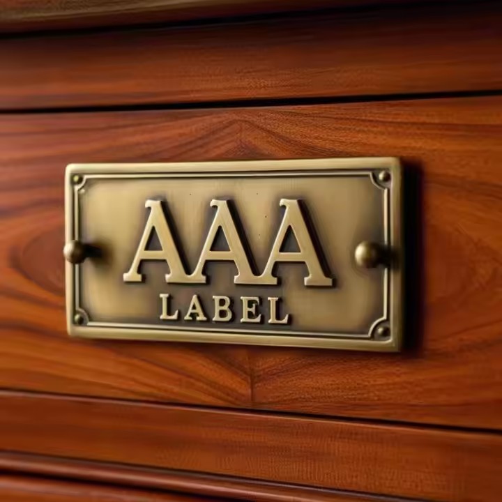Custom engraved brass furniture decorative label attached to wood surface