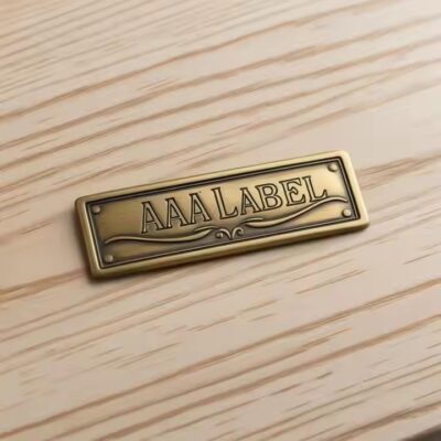 Custom engraved brass furniture decorative label attached to wood surface