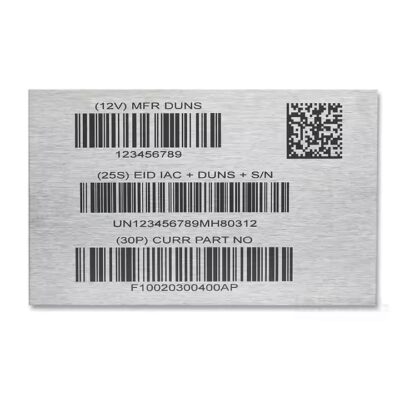 Durable fire-resistant metal plant barcode label displayed in outdoor garden or forestry use