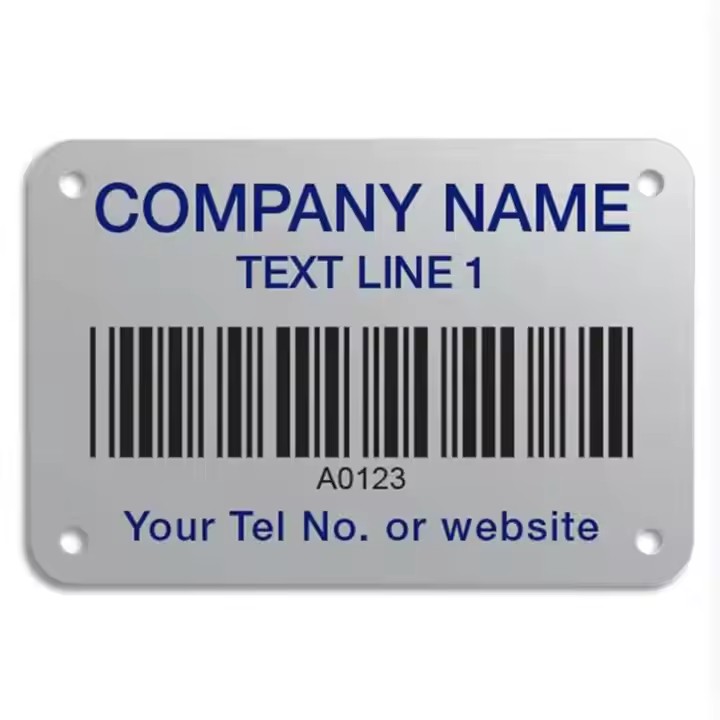 Weather-resistant metal plant barcode label attached to a garden plant or tree
