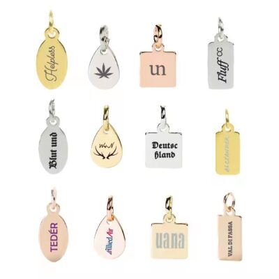 Custom laser engraved metal tag with pre-attached jump ring for product labeling